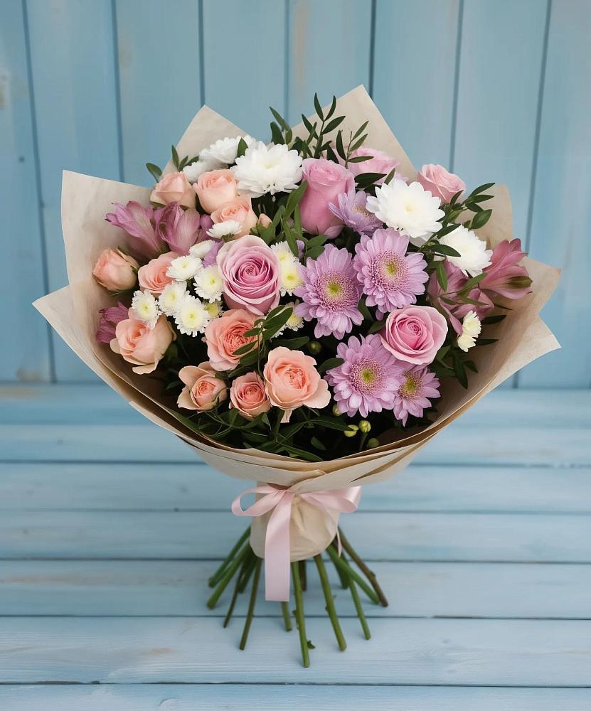 Букет цветов из: Хризантемы, Розы и Альстромерии в Ессентукской